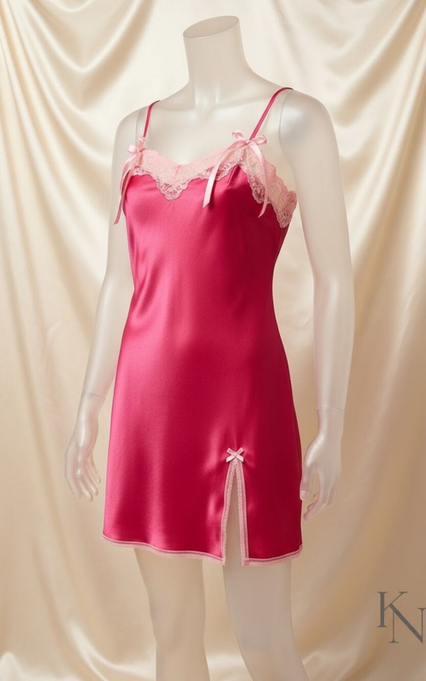 Victoria’s Secret Pink Satin Slip Dress Size Large Lace Trim Chemise Bow Detail